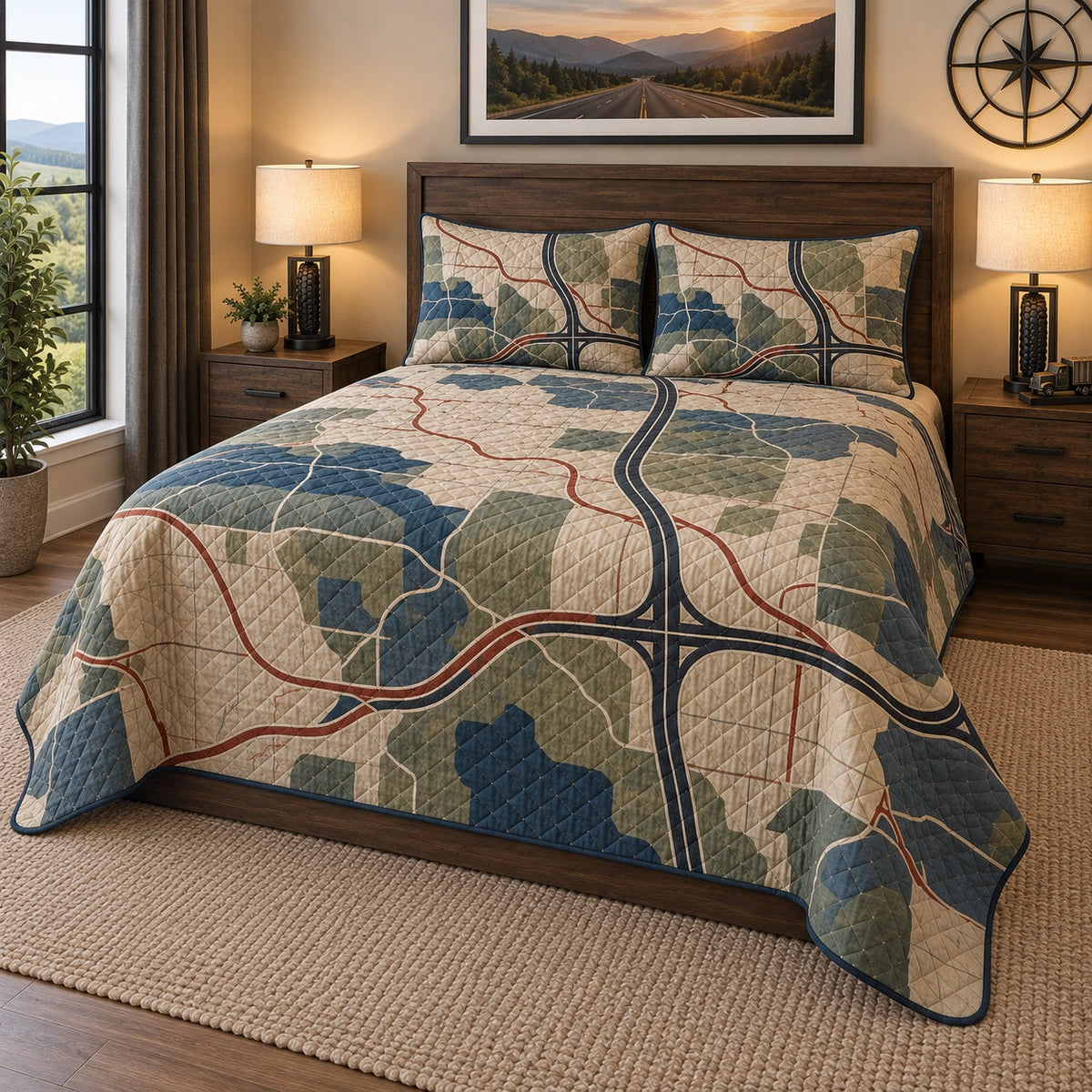 Road Atlas Truck Driver Quilt Set, angled truck driver bedroom view