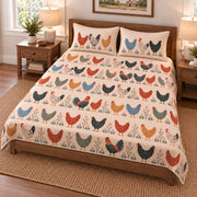 Folk Flock Procession Hen Quilt Set, angled Hen bedroom view