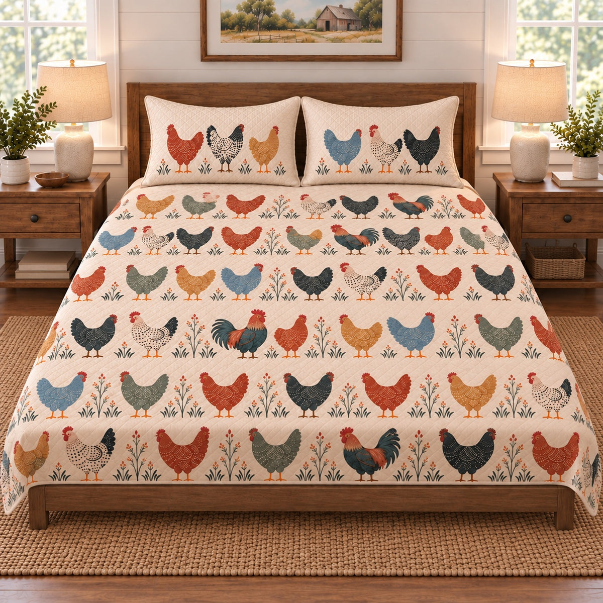 Folk Flock Procession Hen Quilt Set, front Hen bedroom view