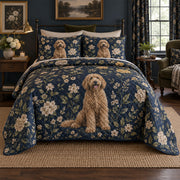 Midnight Floral Doodle Goldendoodle Cottage Floral Quilt Set, front goldendoodle cottage floral bedroom view