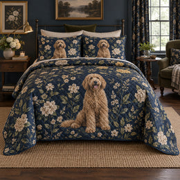 Midnight Floral Doodle Goldendoodle Cottage Floral Quilt Set