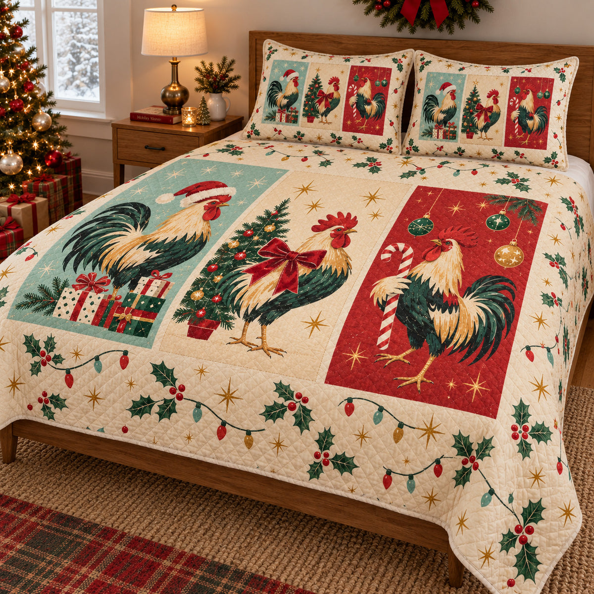 Retro Christmas Rooster Story Quilt Set, angled rooster bedroom view
