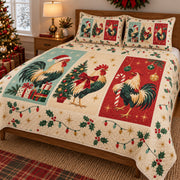 Retro Christmas Rooster Story Quilt Set, angled rooster bedroom view