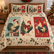 Retro Christmas Rooster Story Quilt Set, front rooster bedroom view