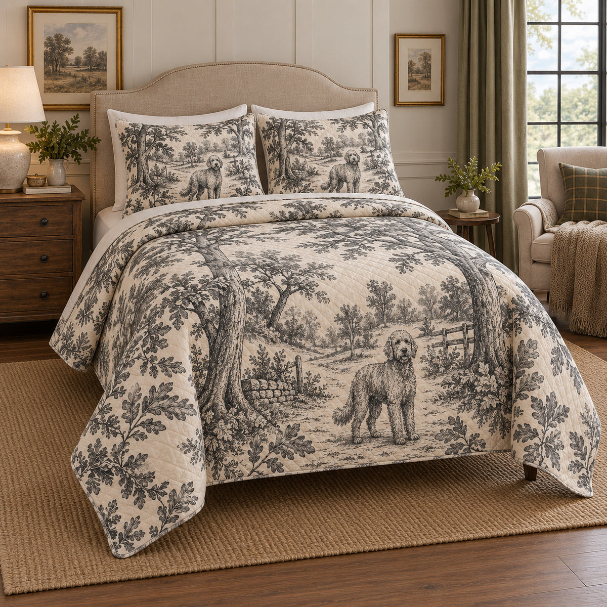 Woodland Lane Toile Goldendoodle Country Toile Quilt Set, angled goldendoodle country toile bedroom view