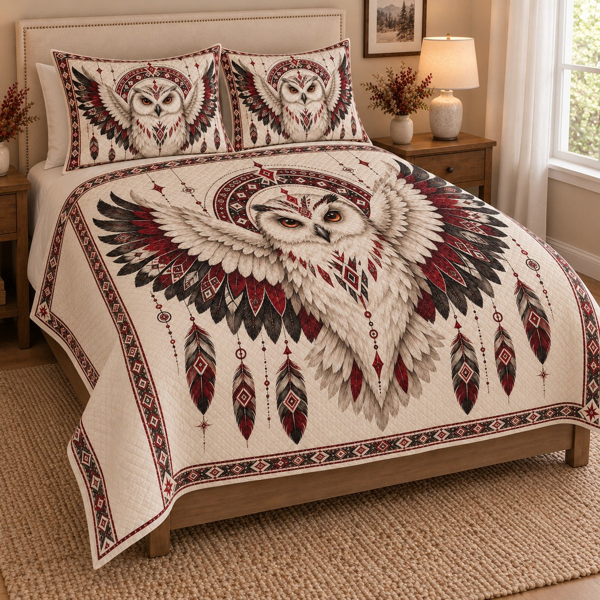 Boho Owl Feather Dreamcatcher Quilt Set: angled bedroom view showing the quilt artwork and coordinating shams