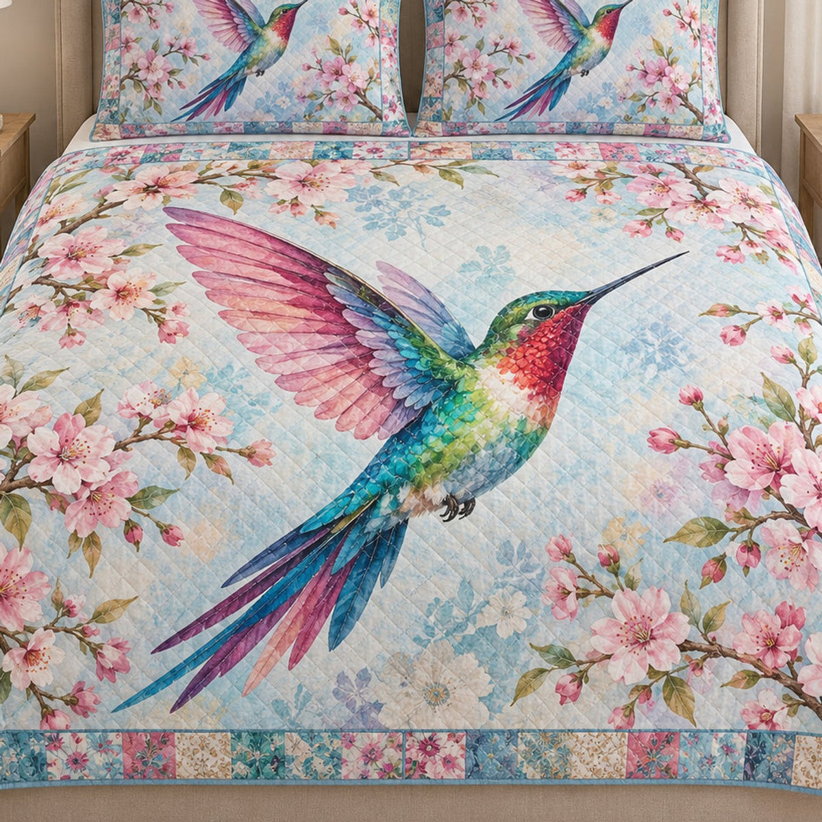 Close view of the Hummingbird Pink Cherry Blossom quilt artwork and two matching shams