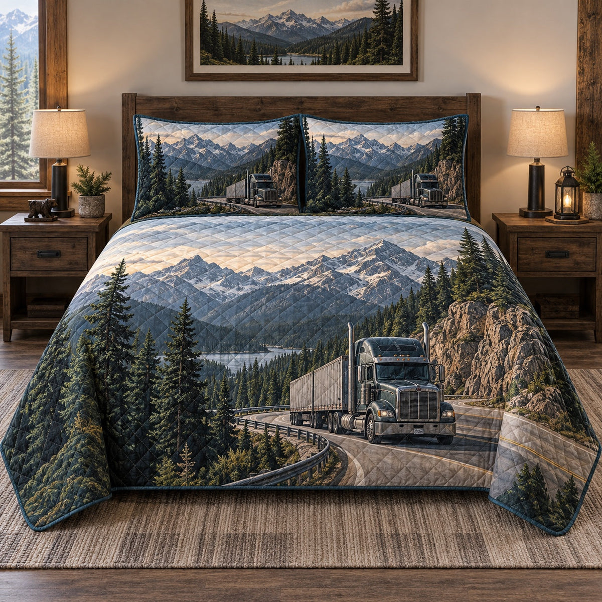Pine Pass Truck Driver Quilt Set, front truck driver bedroom view