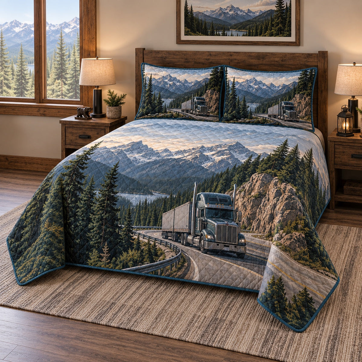 Pine Pass Truck Driver Quilt Set, angled truck driver bedroom view