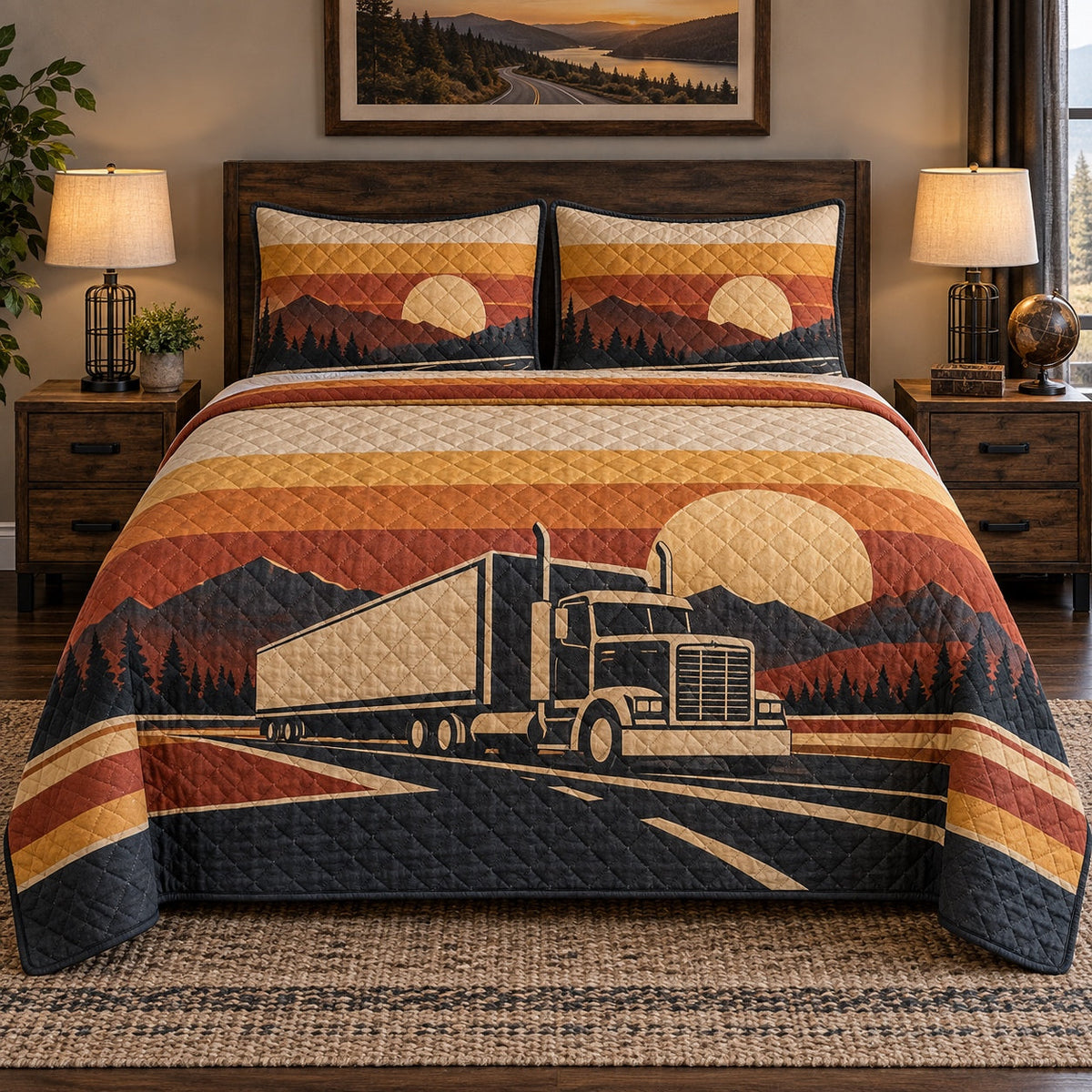Retro Road Truck Driver Quilt Set, front truck driver bedroom view