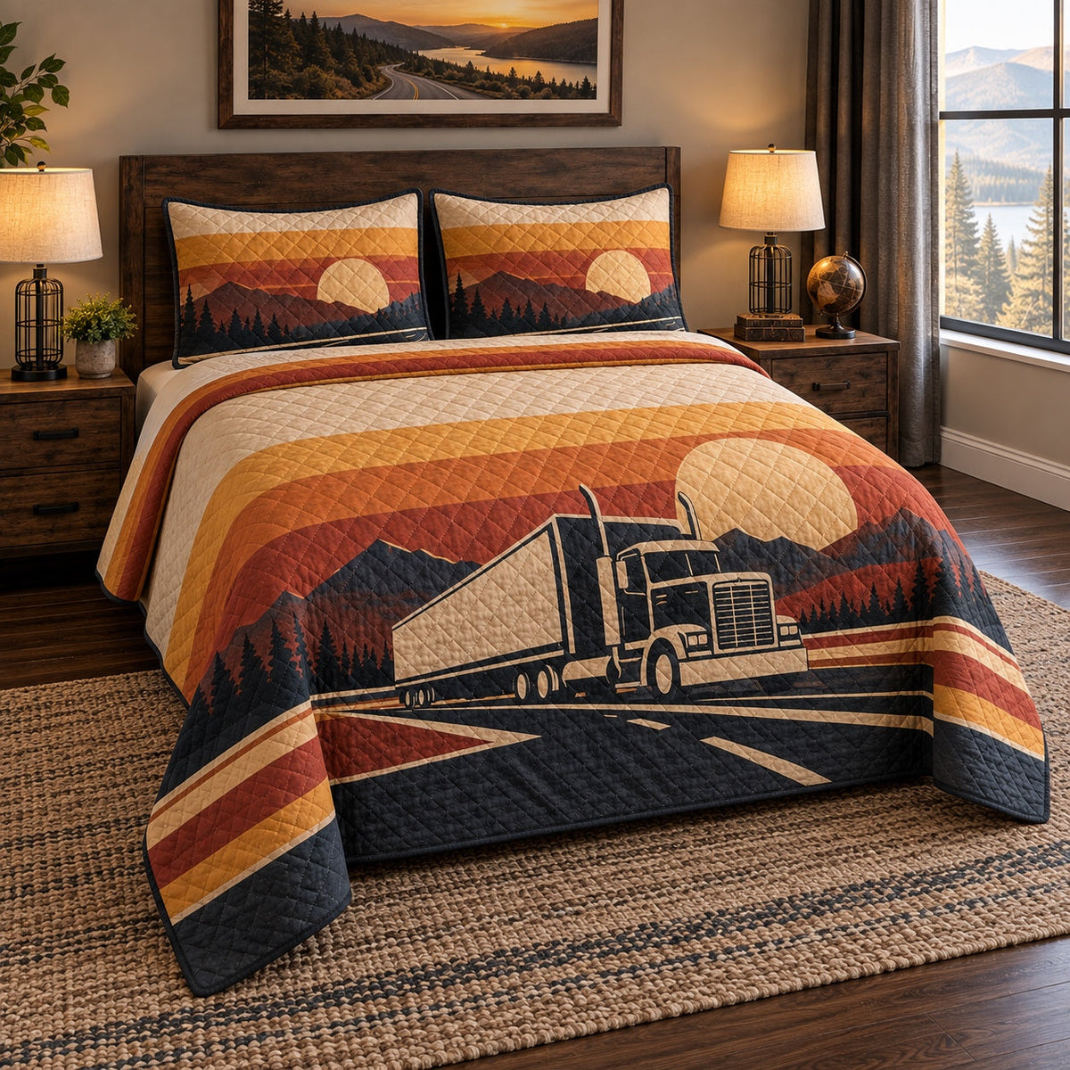 Retro Road Truck Driver Quilt Set, angled truck driver bedroom view