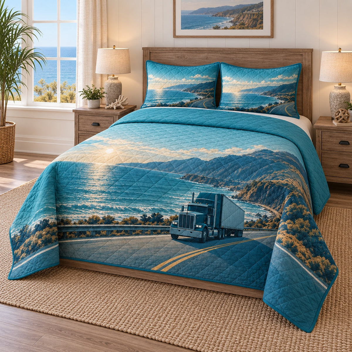 Coastal Drive Truck Driver Quilt Set, angled truck driver bedroom view