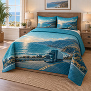 Coastal Drive Truck Driver Quilt Set, angled truck driver bedroom view