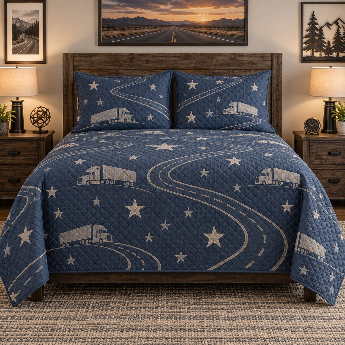 Roadside Stars Truck Driver Quilt Set, front truck driver bedroom view