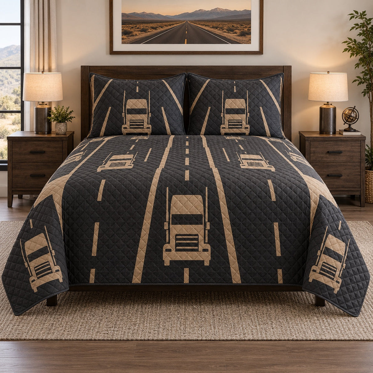 Open Road Geometry Truck Driver Quilt Set, front truck driver bedroom view