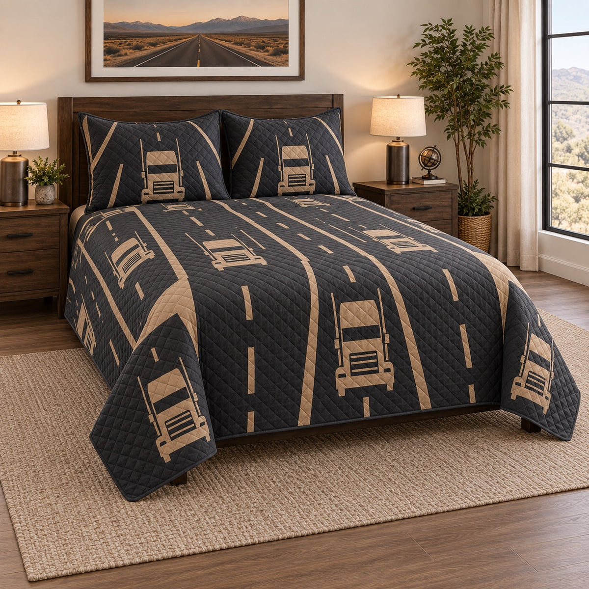 Open Road Geometry Truck Driver Quilt Set, angled truck driver bedroom view