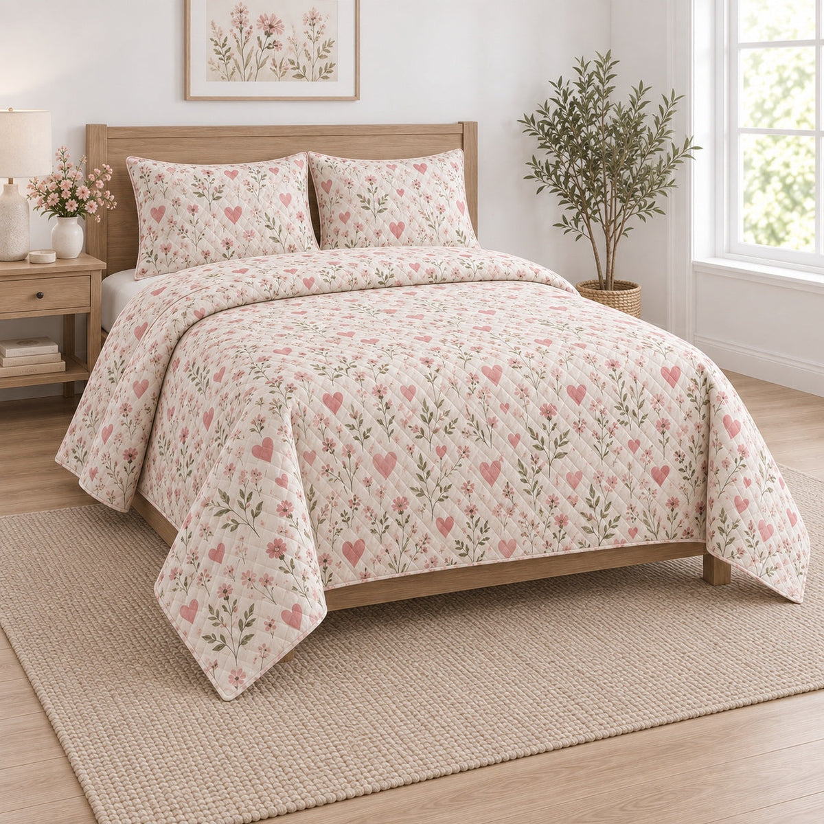 Blush Heart Meadow Valentine Quilt Set, angled valentine home decorating bedroom view
