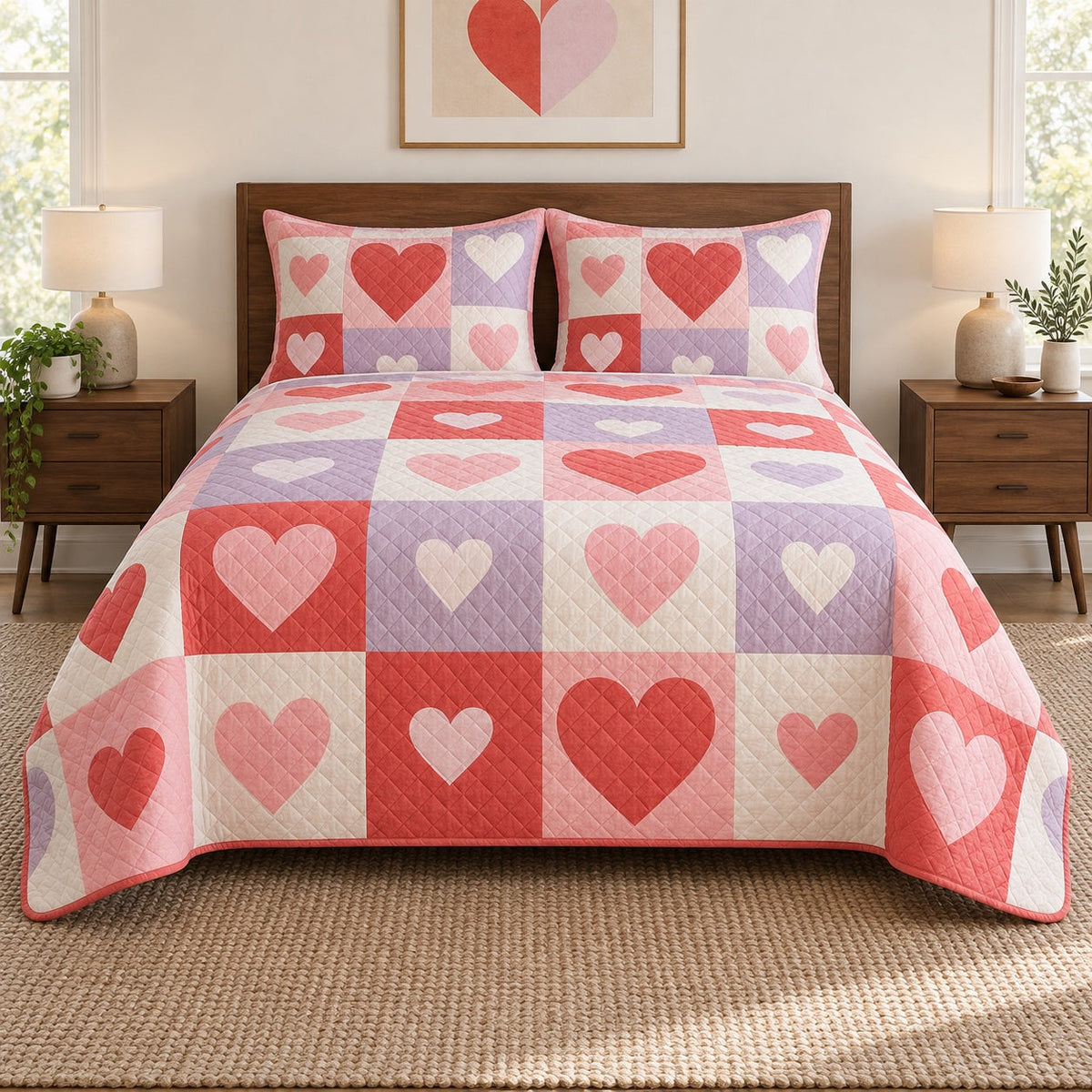 Modern Colorblock Hearts Valentine Quilt Set, front valentine home decorating bedroom view