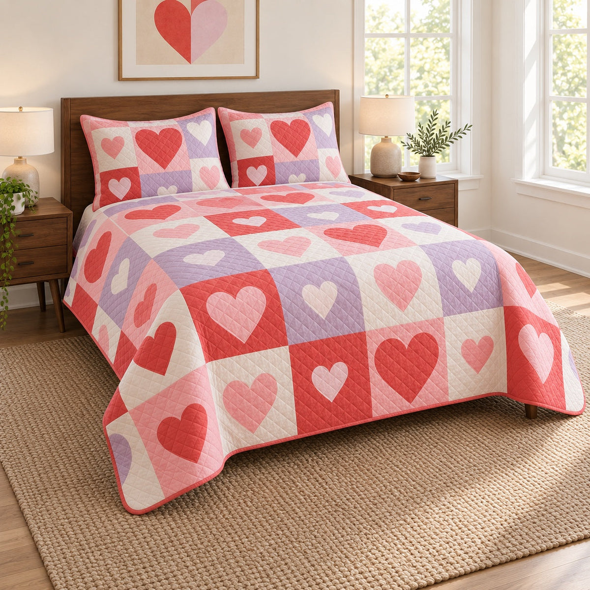 Modern Colorblock Hearts Valentine Quilt Set, angled valentine home decorating bedroom view