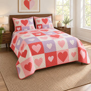 Modern Colorblock Hearts Valentine Quilt Set, angled valentine home decorating bedroom view