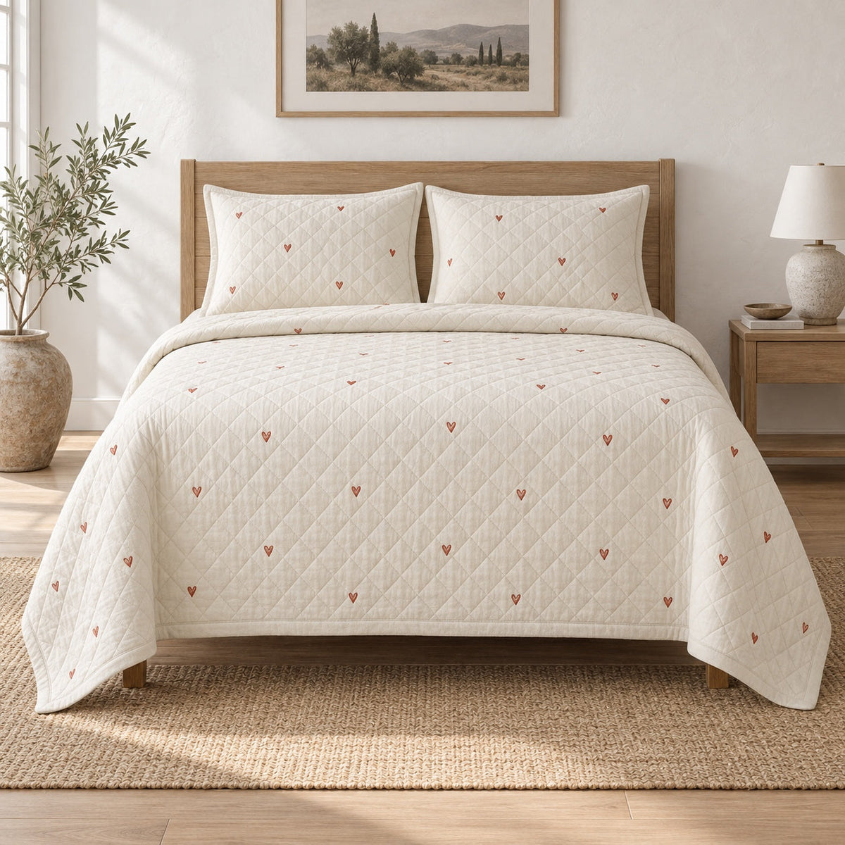 Minimal Linen Hearts Valentine Quilt Set, front valentine home decorating bedroom view