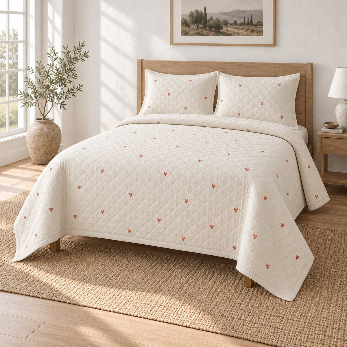 Minimal Linen Hearts Valentine Quilt Set, angled valentine home decorating bedroom view