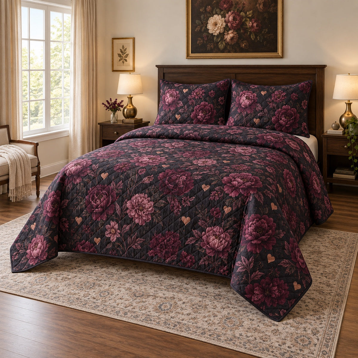 Midnight Floral Hearts Valentine Quilt Set, angled valentine home decorating bedroom view