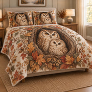 Autumn Owl Family Tree Quilt Set: angled bedroom view showing the quilt artwork and coordinating shams