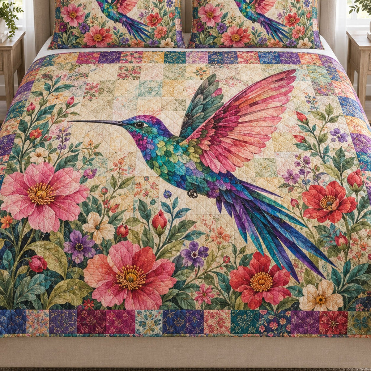 Close view of the Colorful Hummingbird Floral Patchwork quilt artwork and two matching shams