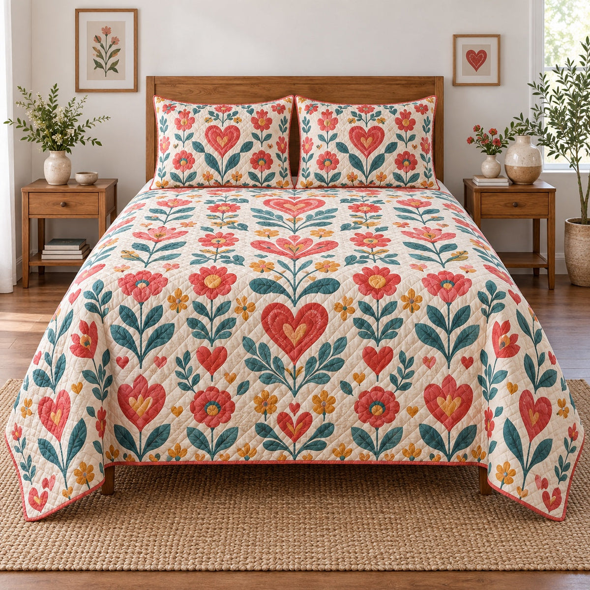 Folk Bloom Hearts Valentine Quilt Set, front valentine home decorating bedroom view