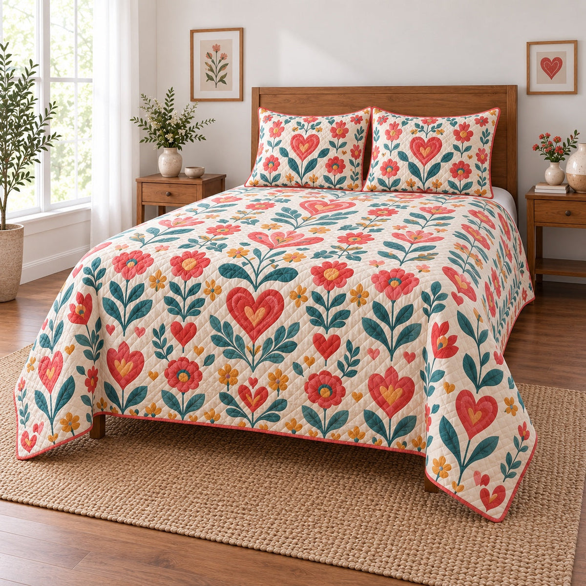 Folk Bloom Hearts Valentine Quilt Set, angled valentine home decorating bedroom view