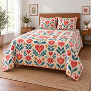 Folk Bloom Hearts Valentine Quilt Set, angled valentine home decorating bedroom view