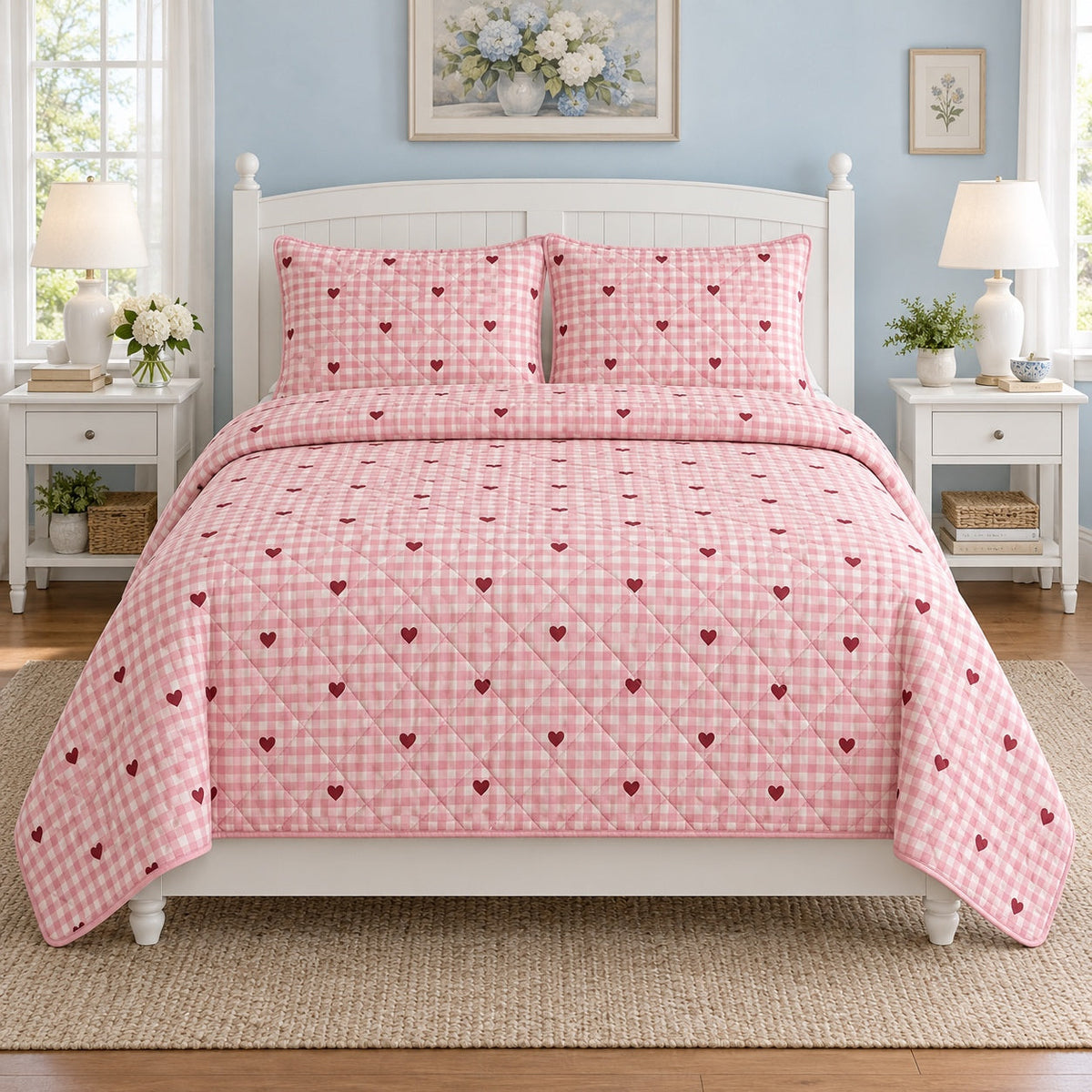 Pink Gingham Hearts Valentine Quilt Set, front valentine home decorating bedroom view