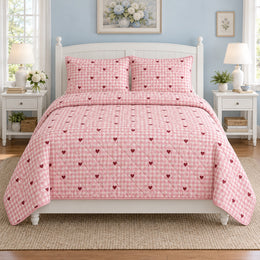 Pink Gingham Hearts Valentine Quilt Set
