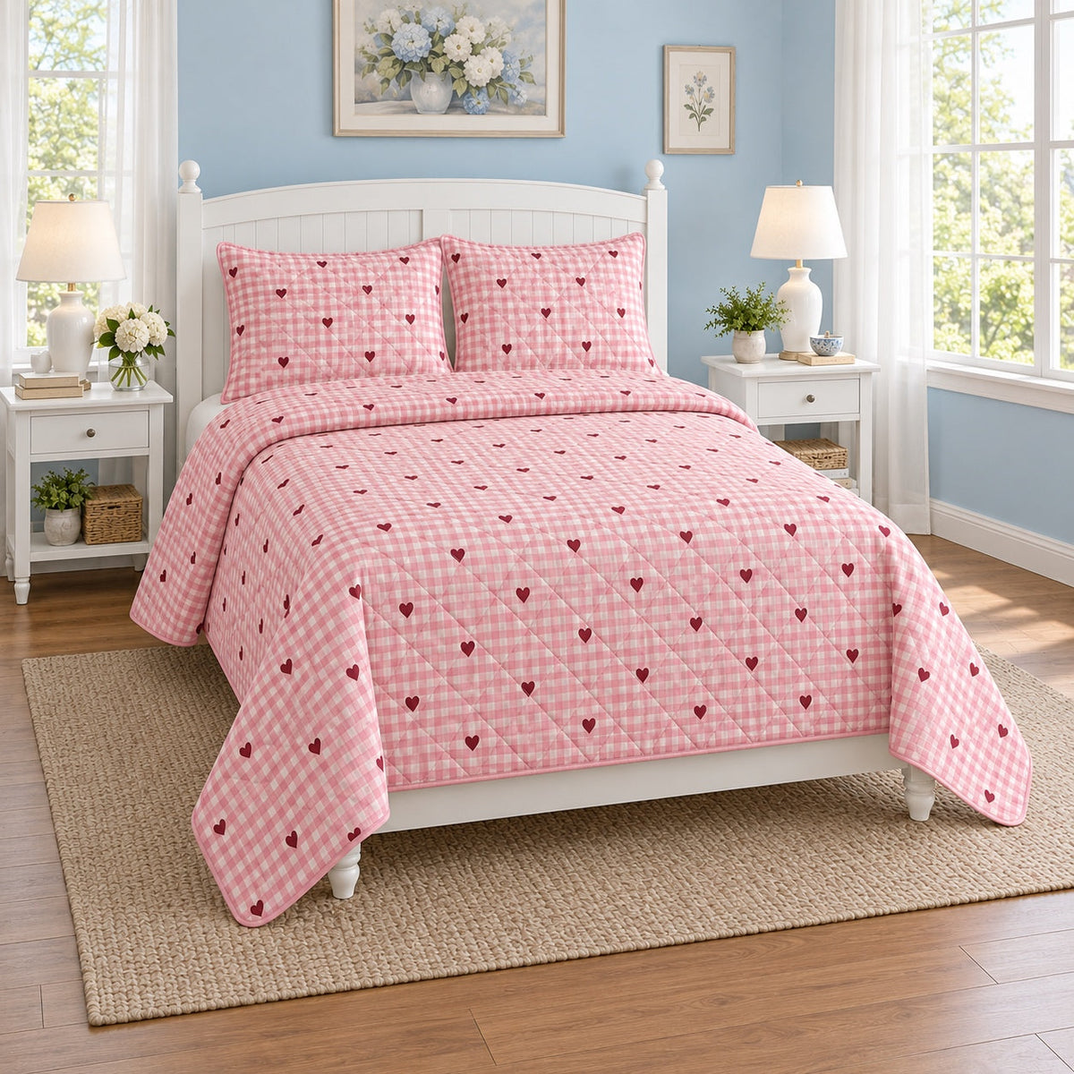 Pink Gingham Hearts Valentine Quilt Set, angled valentine home decorating bedroom view