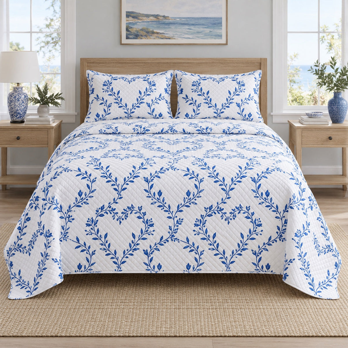 Blue Botanical Hearts Valentine Quilt Set, front valentine home decorating bedroom view