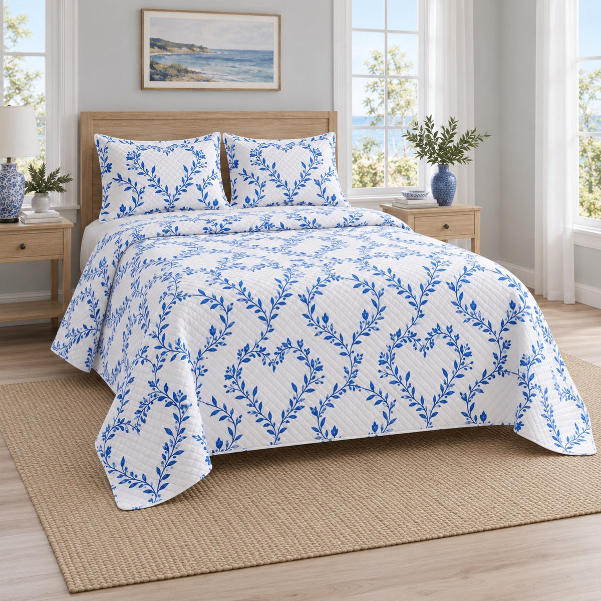 Blue Botanical Hearts Valentine Quilt Set, angled valentine home decorating bedroom view
