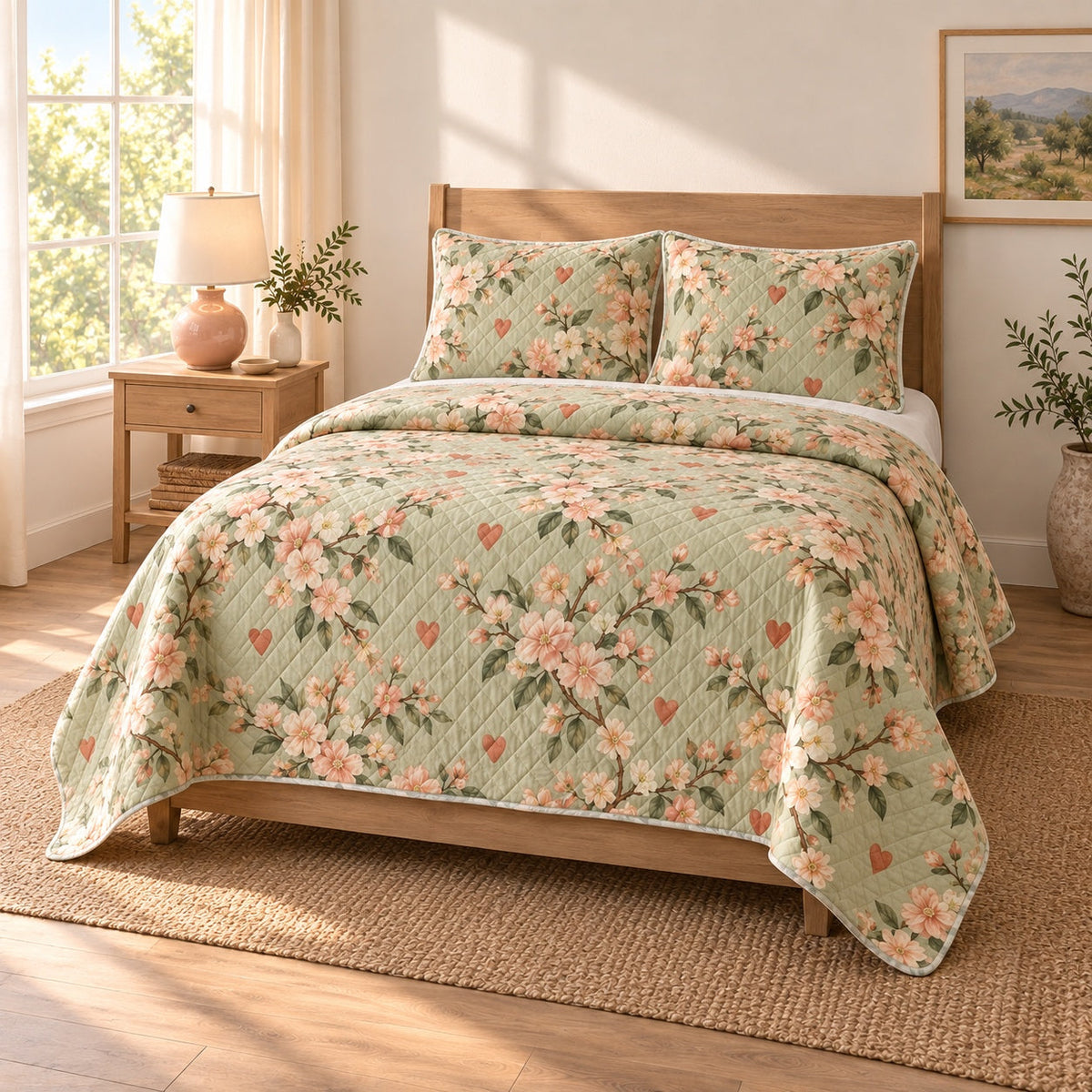 Peach Orchard Hearts Valentine Quilt Set, angled valentine home decorating bedroom view