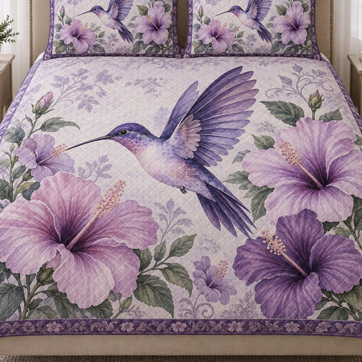 Close view of the Purple Hummingbird Hibiscus quilt artwork and two matching shams