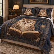 Vintage Reading Owl Library Quilt Set: angled bedroom view showing the quilt artwork and coordinating shams