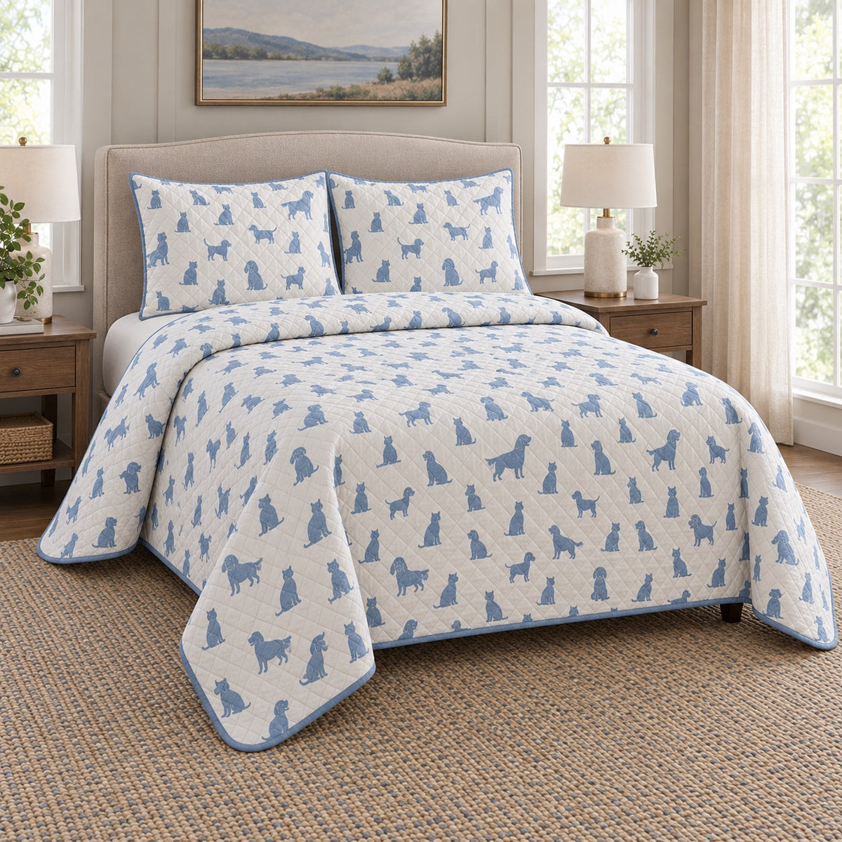 Blue Pet Parade Veterinarian Quilt Set, angled veterinarian bedroom view