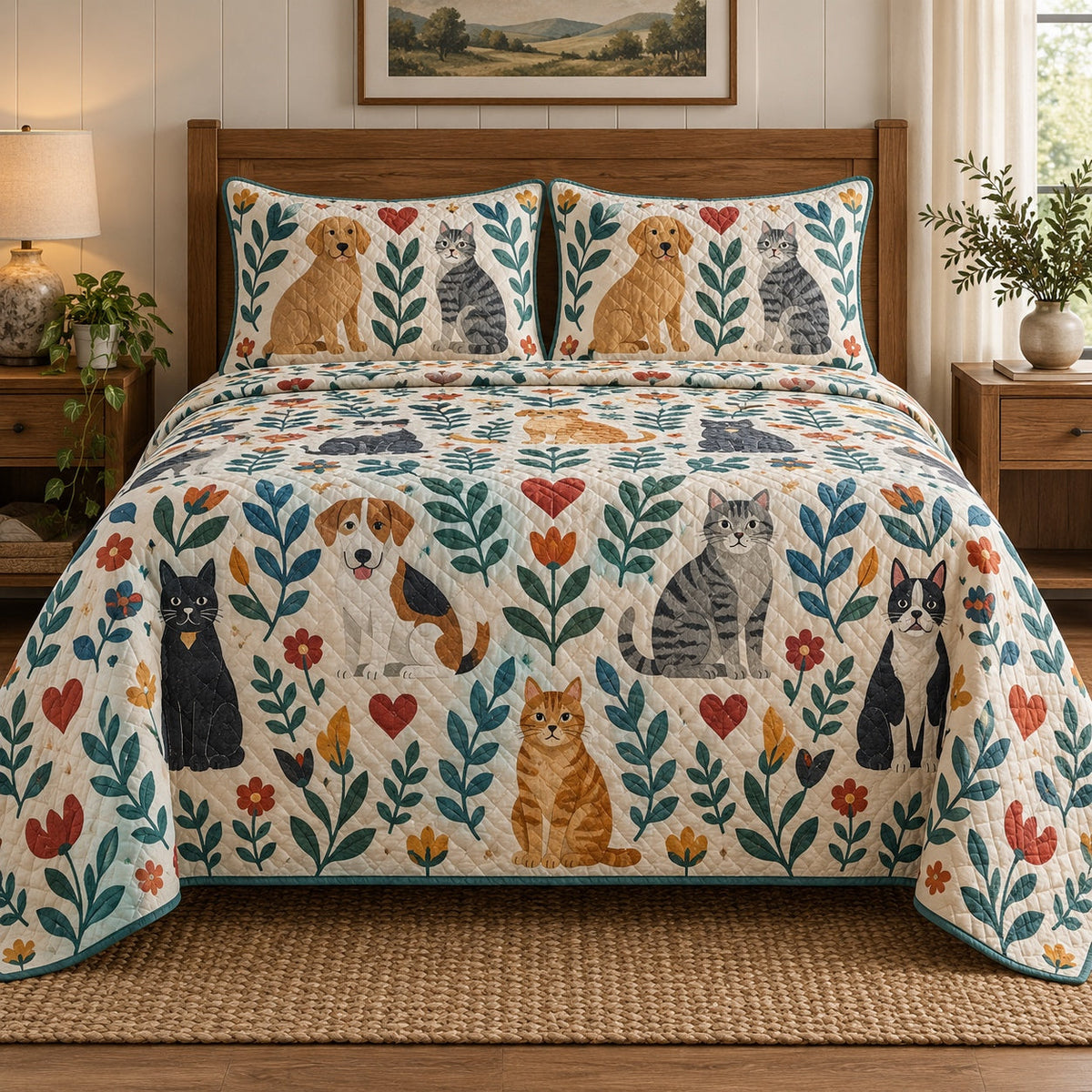 Folk Pets Veterinarian Quilt Set, front veterinarian bedroom view