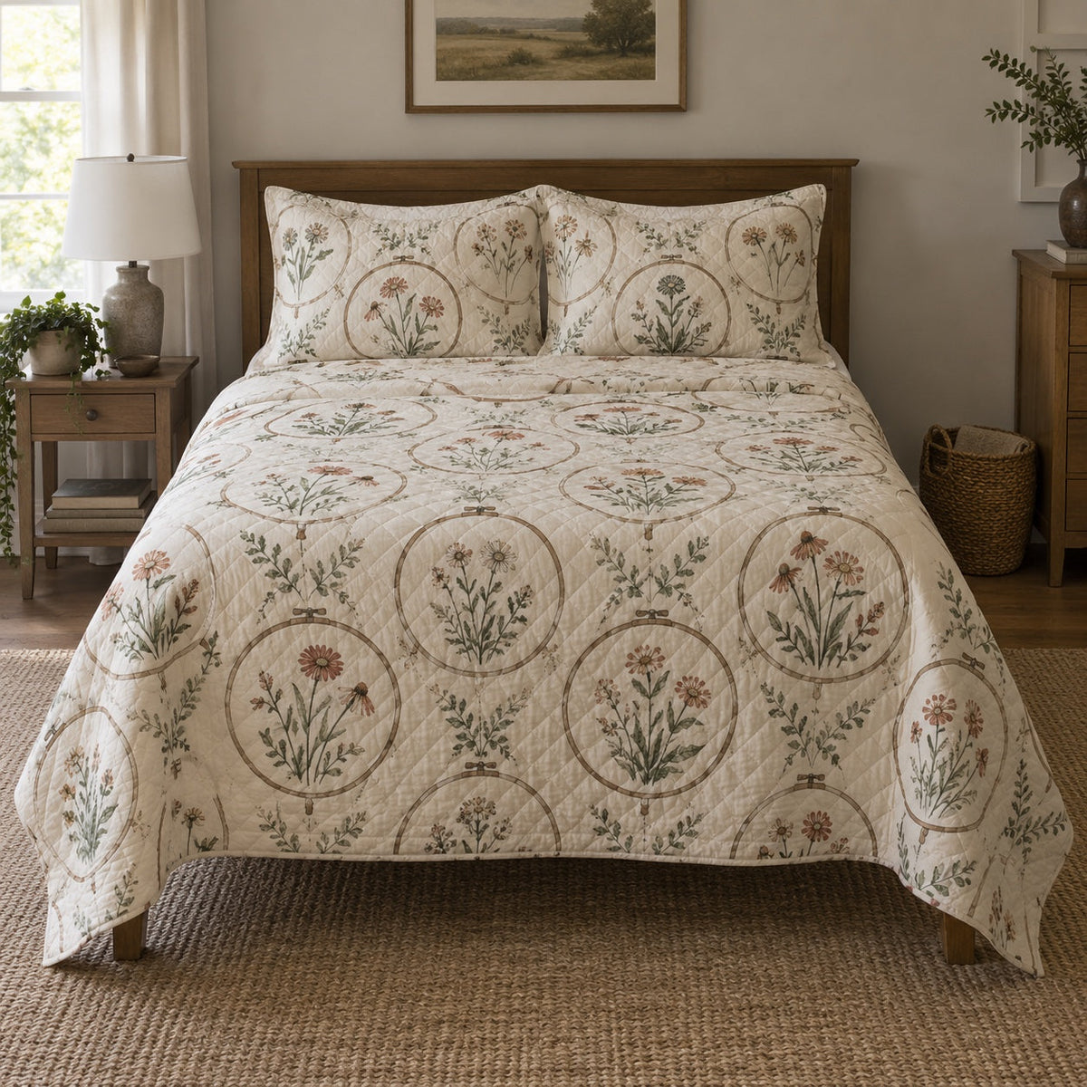 Hoop Garden Embroidery Quilt Set, front embroidery bedroom view