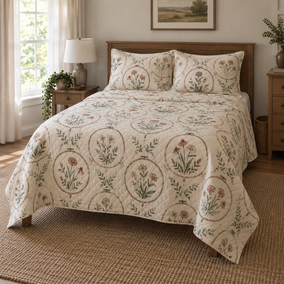 Hoop Garden Embroidery Quilt Set, angled embroidery bedroom view