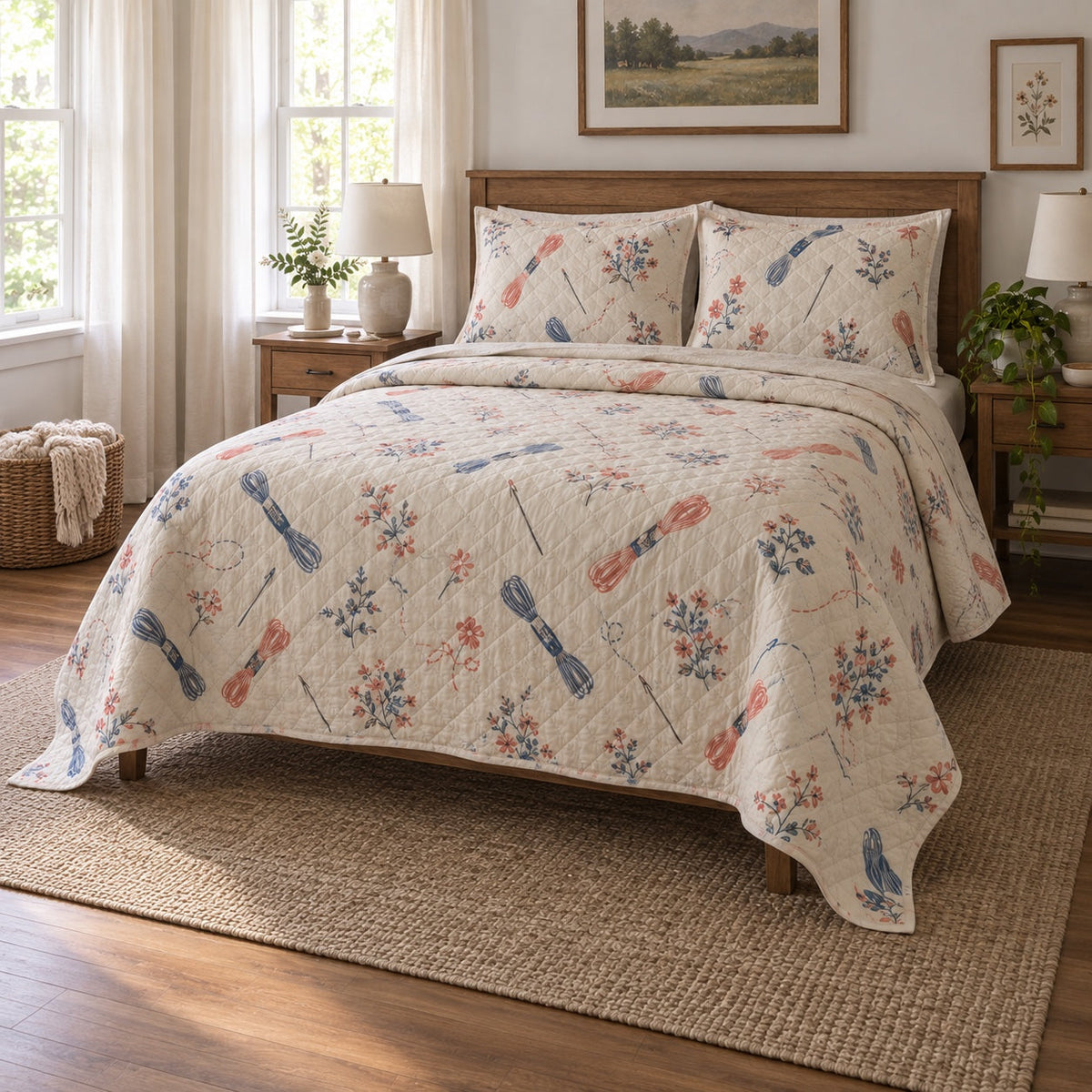 Floss Palette Embroidery Quilt Set, angled embroidery bedroom view