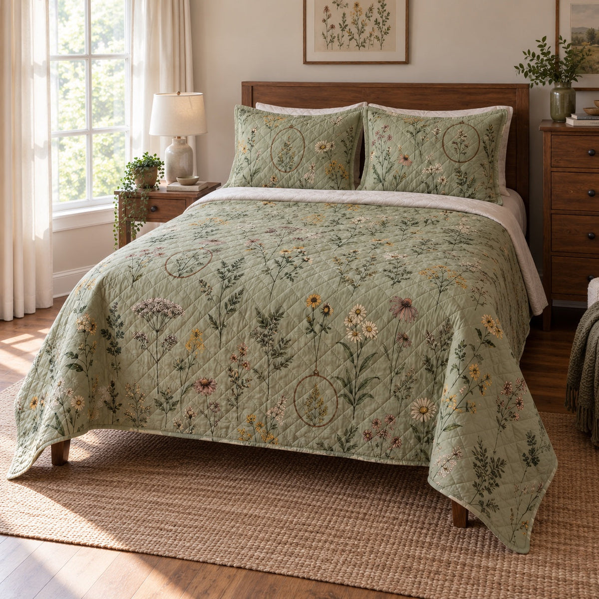 Stitched Meadow Embroidery Quilt Set, angled embroidery bedroom view