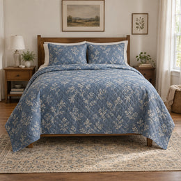 Blue Botanical Embroidery Quilt Set