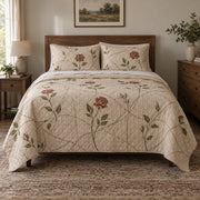 Threaded Rose Embroidery Quilt Set, front embroidery bedroom view