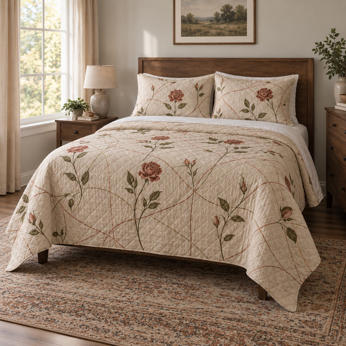 Threaded Rose Embroidery Quilt Set, angled embroidery bedroom view