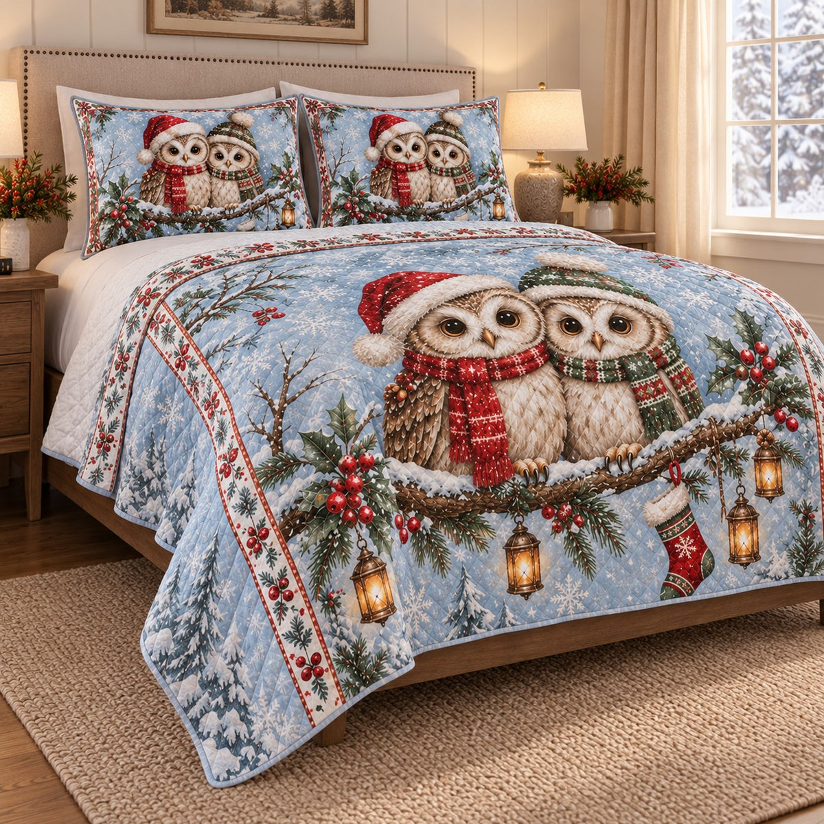 Christmas Owl Winter Holiday Quilt Set: angled bedroom view showing the quilt artwork and coordinating shams